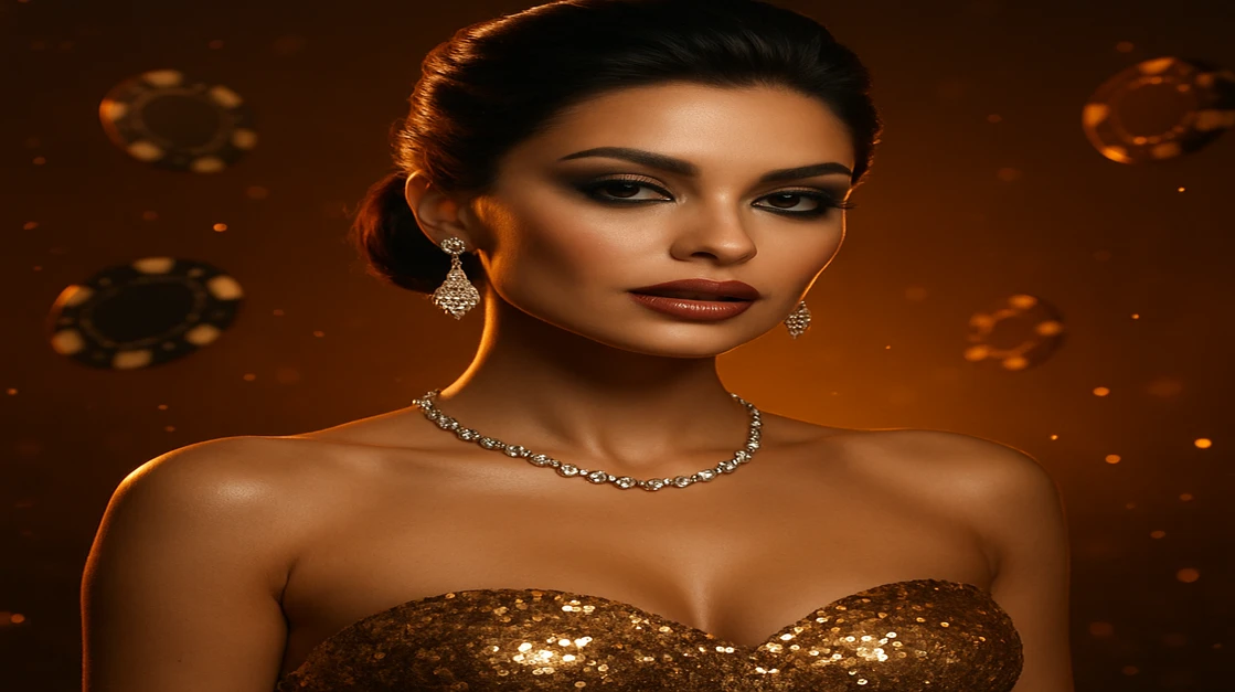 7j77 গেমিং প্ল্যাটফর্মে একটি জৌলুসপূর্ণ নারী ঝলমলে সোনালি পোশাকে বিলাসবহুল জয়-অভিজ্ঞতা তুলে ধরেন, চারদিকে ঝলমলে স্বর্ণমুদ্রা ও চিপের বর্ষণ ছড়িয়ে পড়ে।