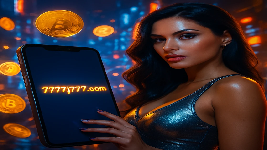 একজন নারী 7j77 ক্রিপ্টো গেমিং প্ল্যাটফর্মে লগইন করতে একটি স্মার্টফোন ধরেছেন, তাঁর চারপাশে জ্বলন্ত বিটকয়েন কয়েন ও একটি ভবিষ্যৎমুখী গেমিং প্ল্যাটফর্ম পরিবেশ ঘেরা।
